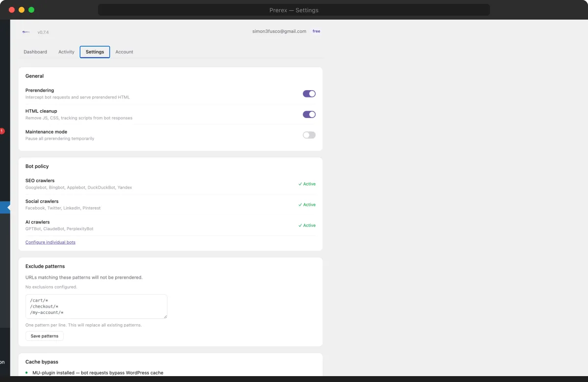 Prerex plugin settings with bot policy and HTML cleanup options